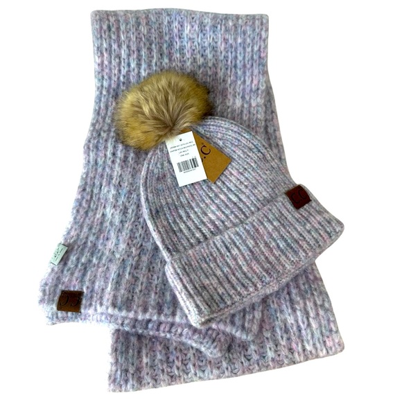 C. C Cozy Knit Pom Beanie Hat and Scarf Set - Multicolor Pinkish Purple Lavender - Picture 1 of 8